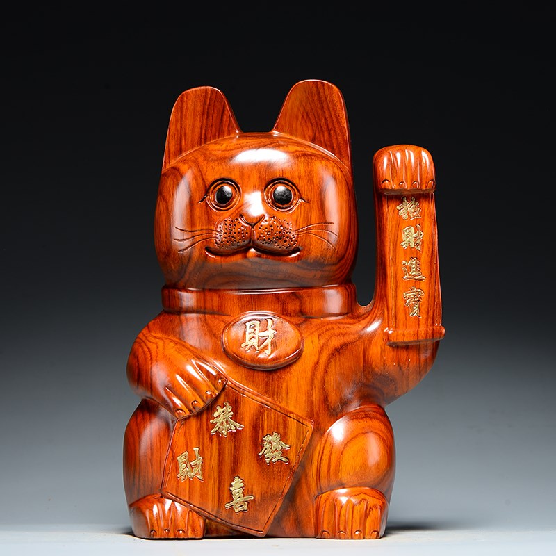 花梨木雕刻猫摆件红木家居客厅公司前台收K银台装饰店铺开业送礼