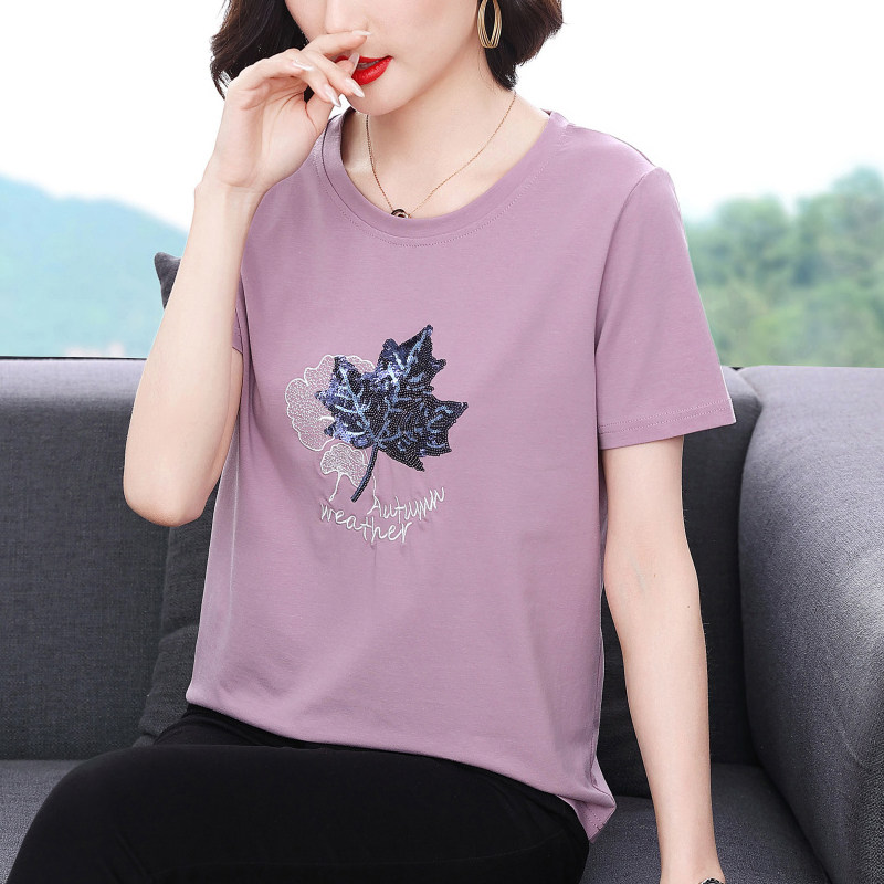 纯棉短袖t恤女 宽松2023夏装新款洋气遮肚小衫中老年妈妈漂亮上衣