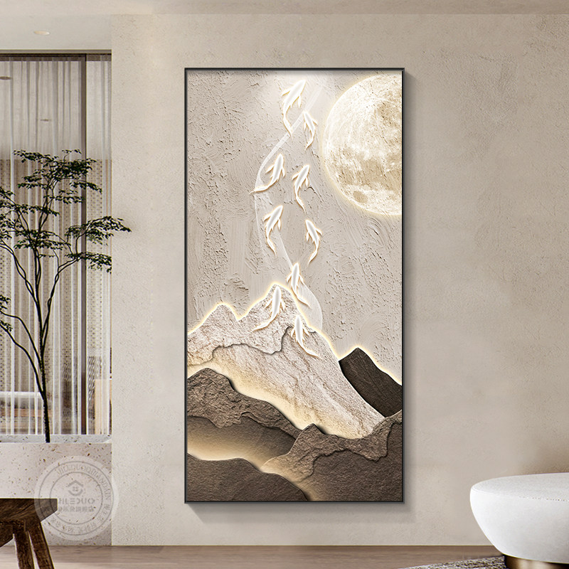 侘寂风九鱼图入户正对门玄关装饰画竖版走廊过Q道挂画现代简约壁