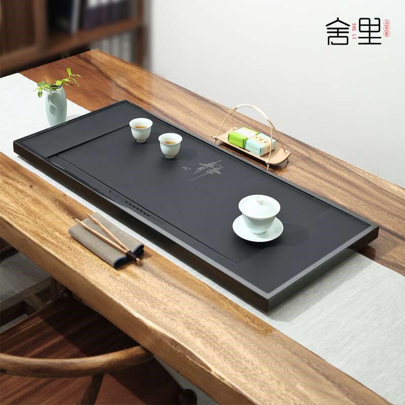 天然整块乌金石茶盘家用办公轻奢小型排水茶海托盘功夫茶台嵌入式