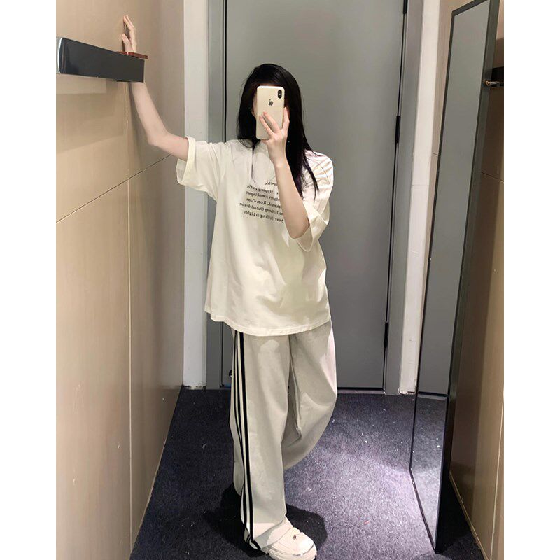韩系复古休闲运动套装女夏季新款时尚短袖长裤学生宽松显瘦两件套
