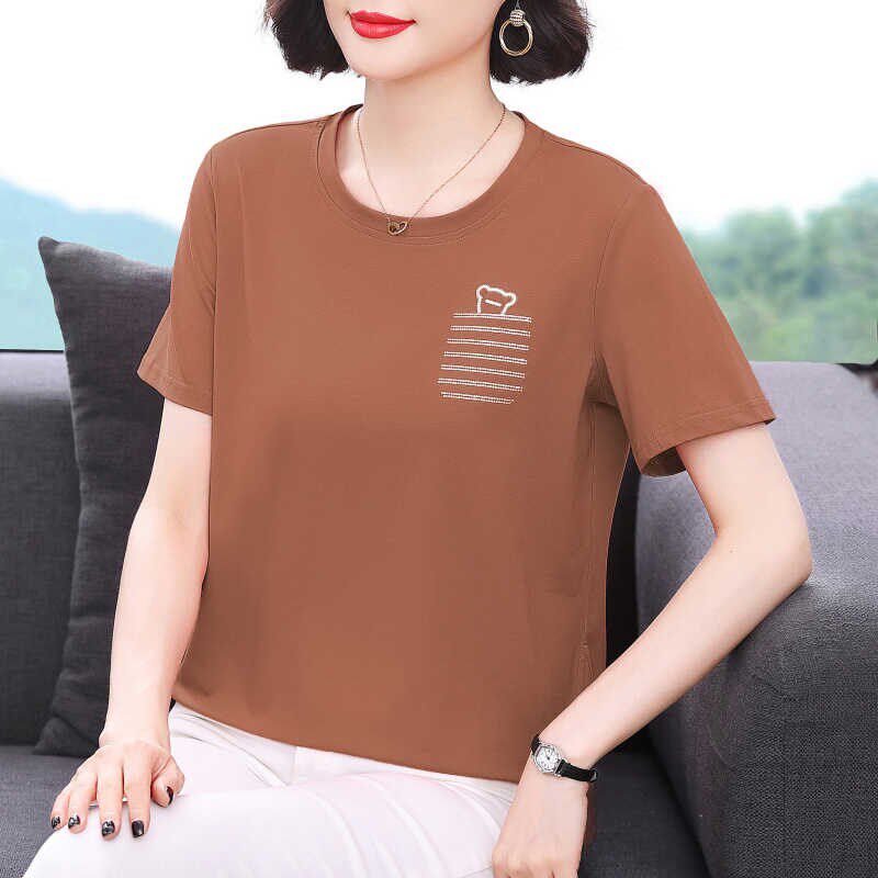 妈妈短袖t恤女 新款2024夏装洋气纯棉正肩体恤小衫中老年宽松上衣