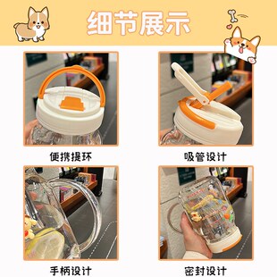 网红水杯带吸管大容量玻璃v杯带手柄茶隔办公室泡茶杯喝水提醒杯