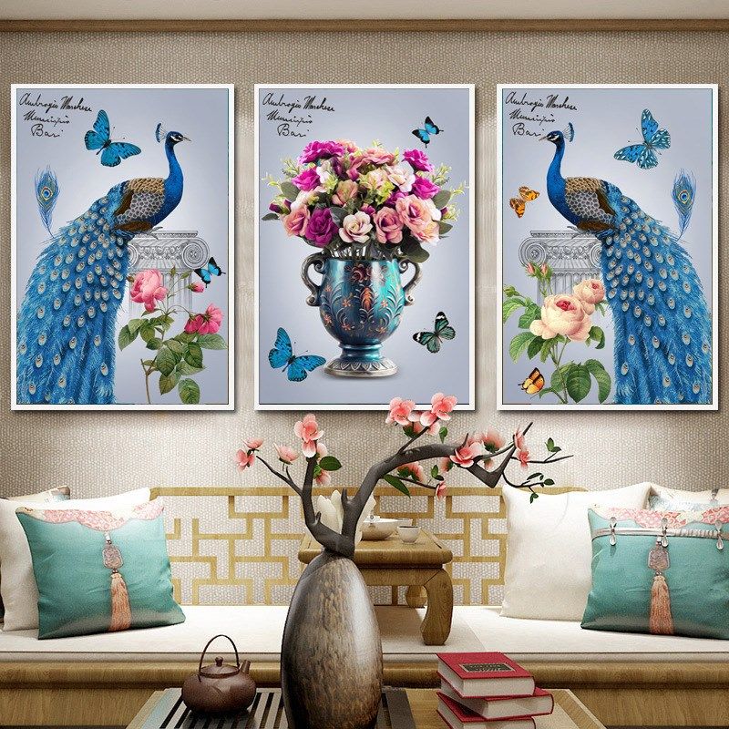 孔雀钻石画2020新款客厅三联画欧式花瓶贴钻十字绣钻石绣满钻餐厅