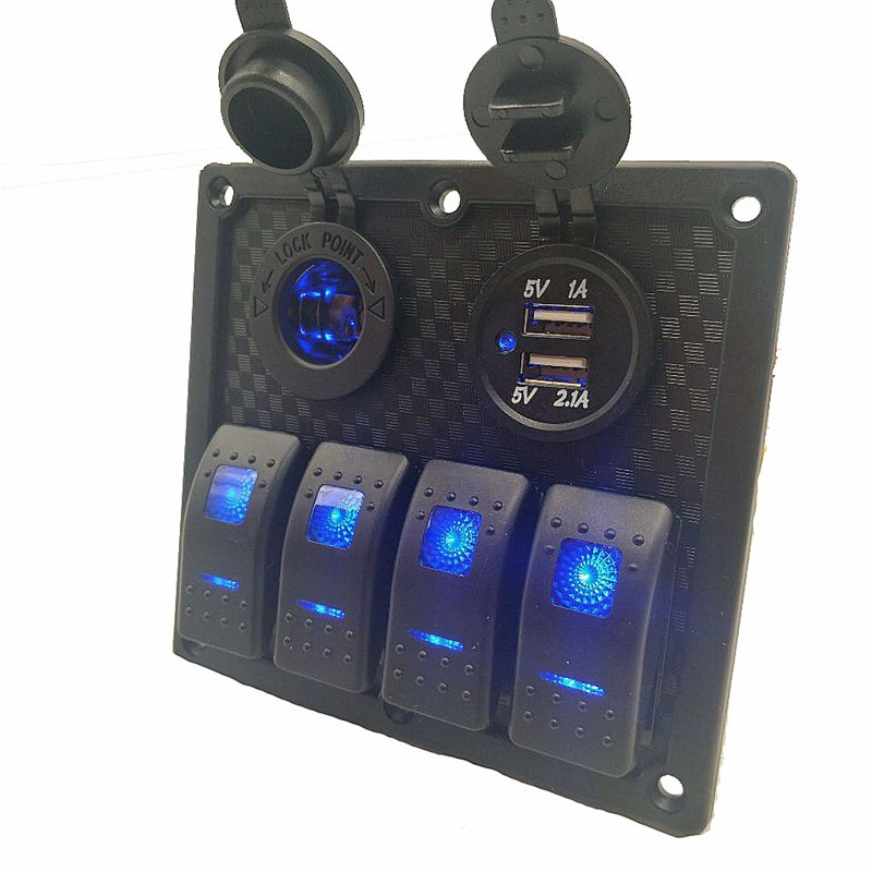 工厂热销通用12-24V4位按键开关胶板船型开关+车充3.1A取电插座