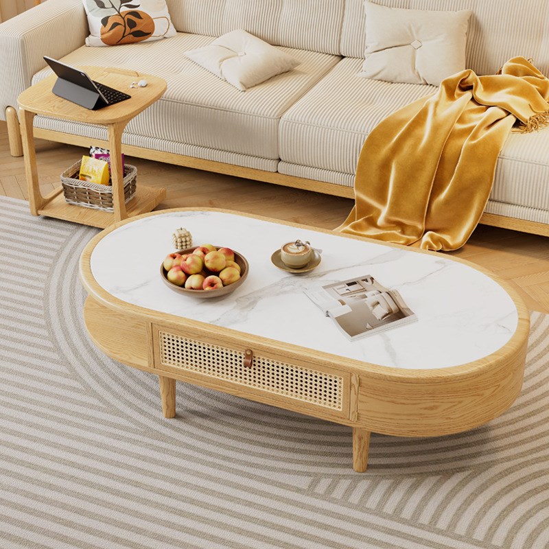 日式原木茶几实木小户型客厅茶几可移动简约现代椭圆形白蜡木茶几