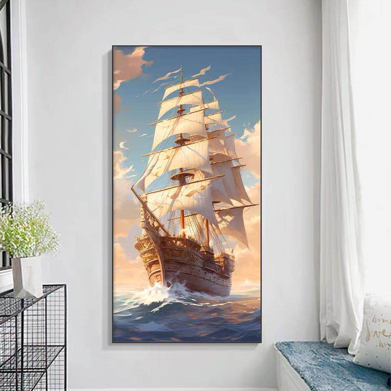 钻石画一帆风顺点钻十字绣新款2024客厅玄关帆船现代轻奢5d满钻