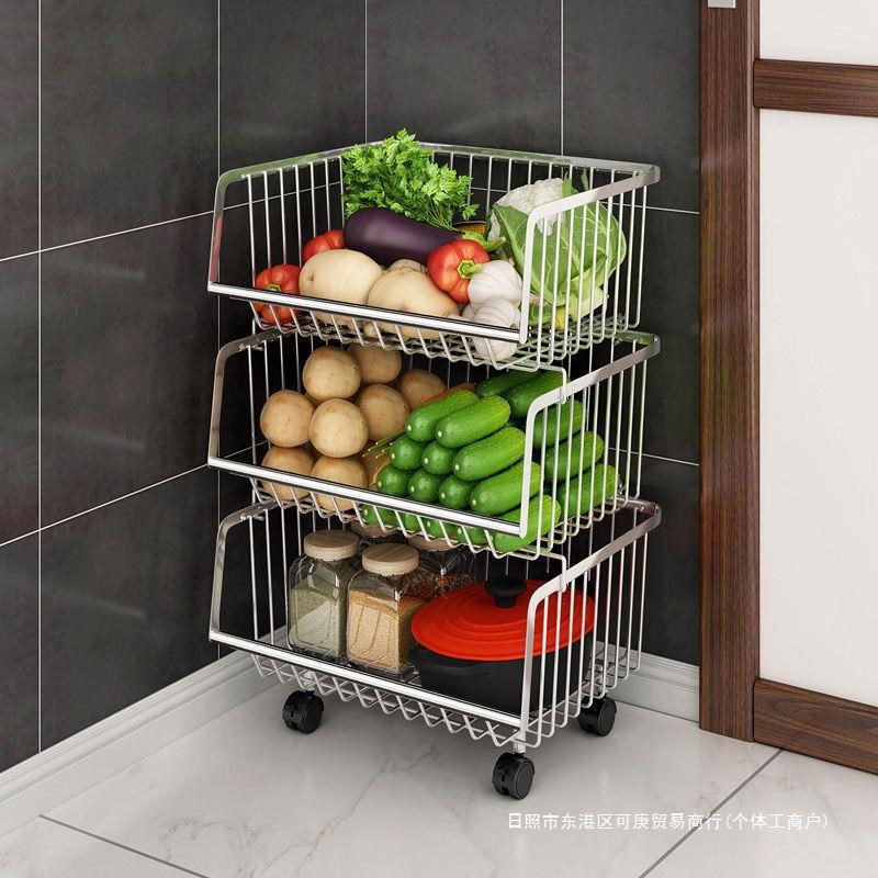 带轮收纳储物201不锈钢多层落地果蔬收纳筐厨房蔬菜篮 台面置物架
