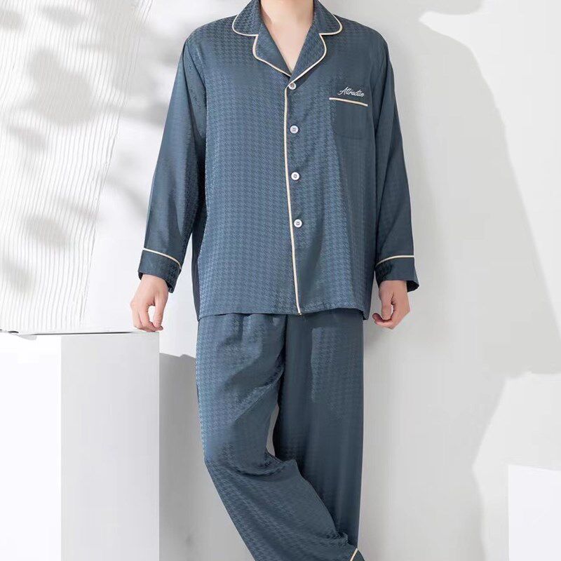 杭州丝绸真丝套装睡衣秋冬薄款翻领简约印花长袖长裤家居服男士