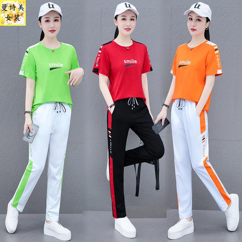 纯棉广场舞跳舞运动休闲服套装女夏季2022新款时尚洋气薄款两件套