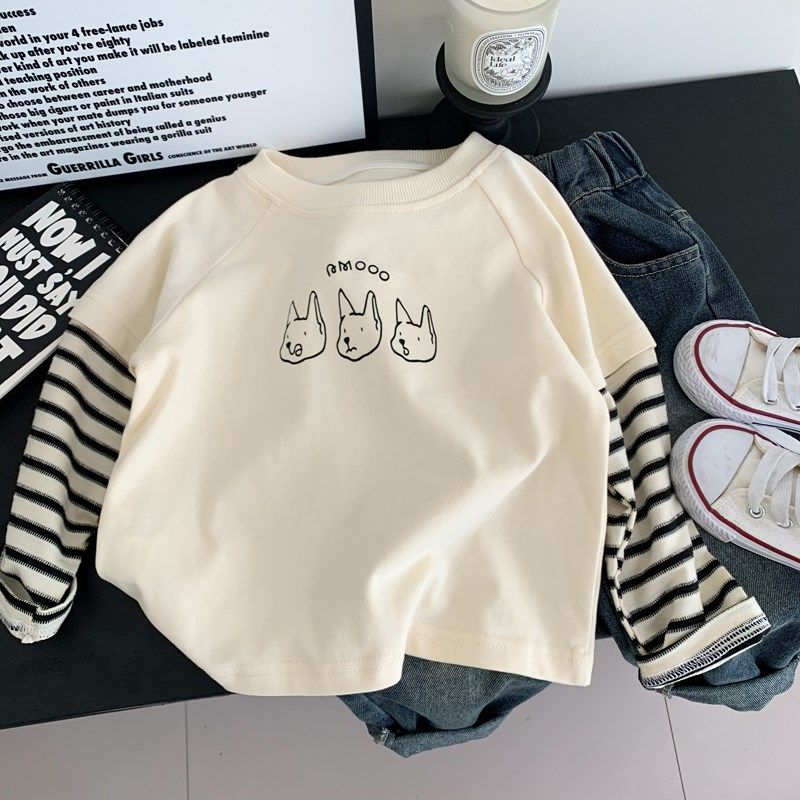 儿童纯棉长袖T恤k秋装男童洋气假两件百搭打底衫3小童休闲卡通体