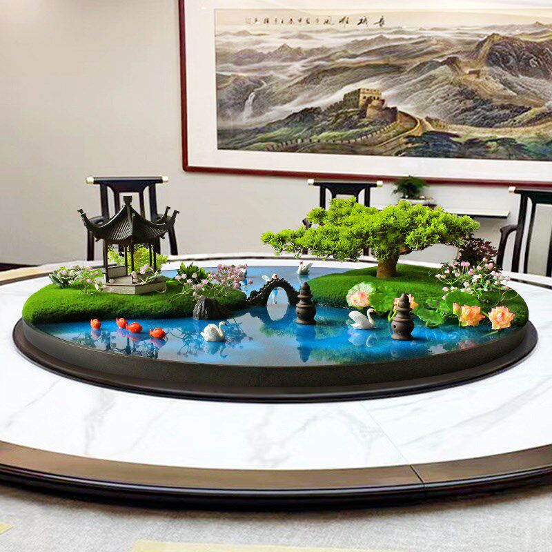 酒店大圆a桌转盘中间摆件圆桌中间摆花新中式餐桌圆形装饰景观桌
