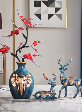 福鹿瓶安 新中式玄关装饰花瓶 招财麋鹿组合摆Q件 客厅插花装饰品
