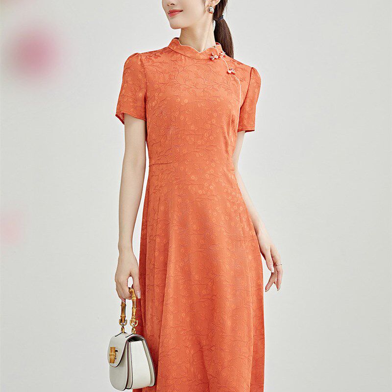 柏媛橘红色新中式提花改良旗袍女高级感气质优雅覆古风修身连衣裙