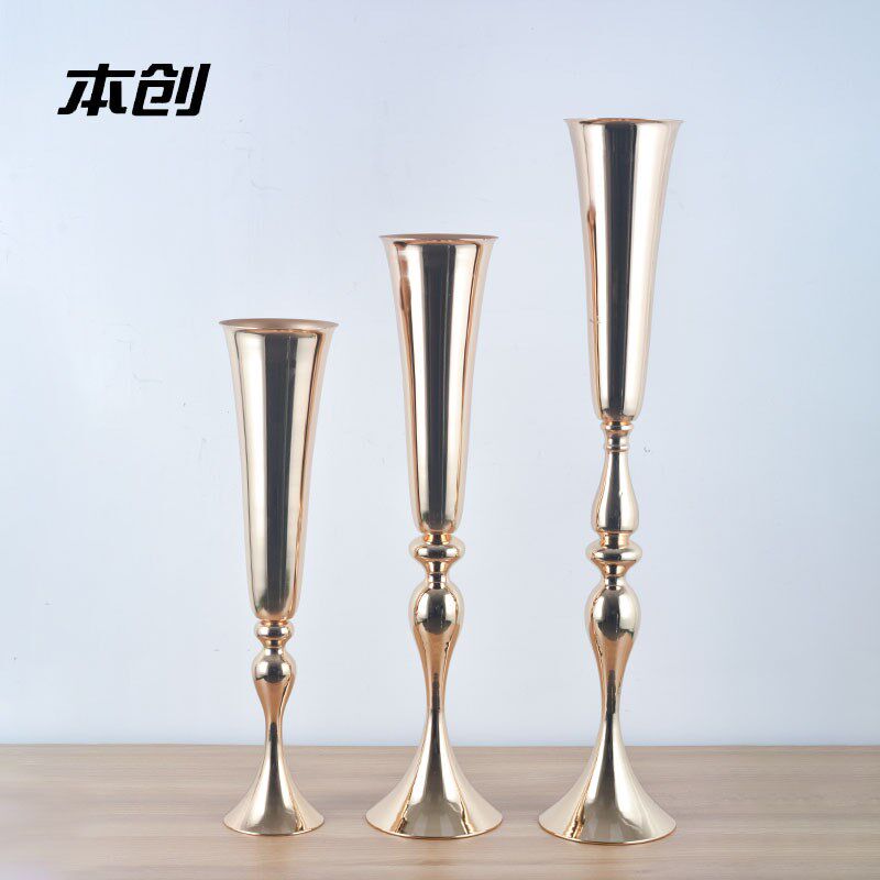 婚礼用品铁艺金色花架路引花器婚庆布置喇叭花瓶餐桌装.饰花盆摆