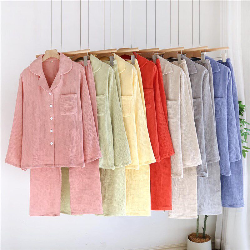 情侣纯棉睡衣套装纯色纱布绉布长袖长裤家居服柔软舒适亲肤春秋