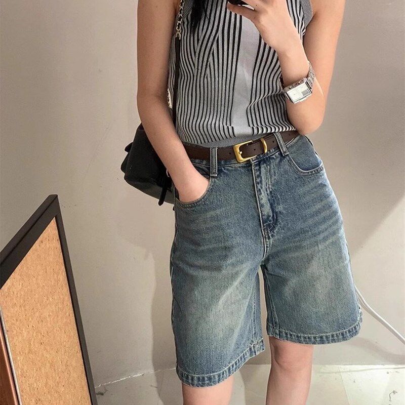 美式复古牛仔短裤女2024夏季新款中裤高腰显瘦宽松显瘦百搭五分裤