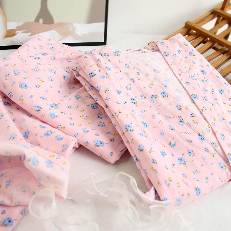 和服睡衣女士印花纯棉纱布短袖九分裤汗蒸服薄款宽松家居服套装