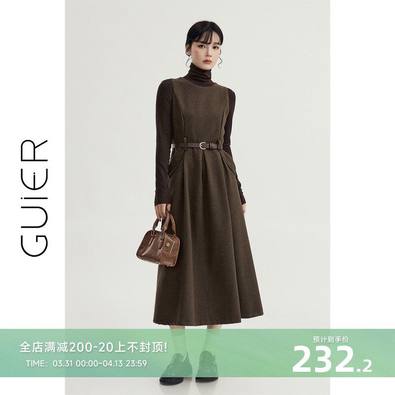 GUIER毛呢背心连衣裙女春秋2025新款复古高级感圆领收腰裙子