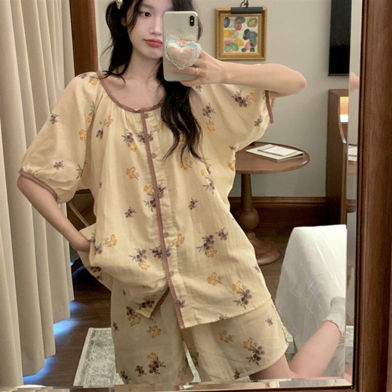 睡衣女夏季短袖短裤韩版简约撞色碎花全棉布宽松家居服套装学生薄