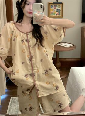 睡衣女夏季短袖短裤韩版简约撞色碎花全棉布宽松家居服套装学生薄