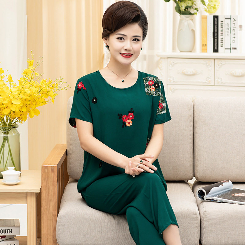 妈妈棉绸睡衣女薄款家居服人造棉中老年老人纯绵绸两件套装春夏天