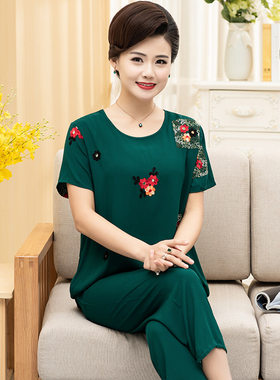 妈妈棉绸睡衣女薄款家居服人造棉中老年老人纯绵绸两件套装春夏天