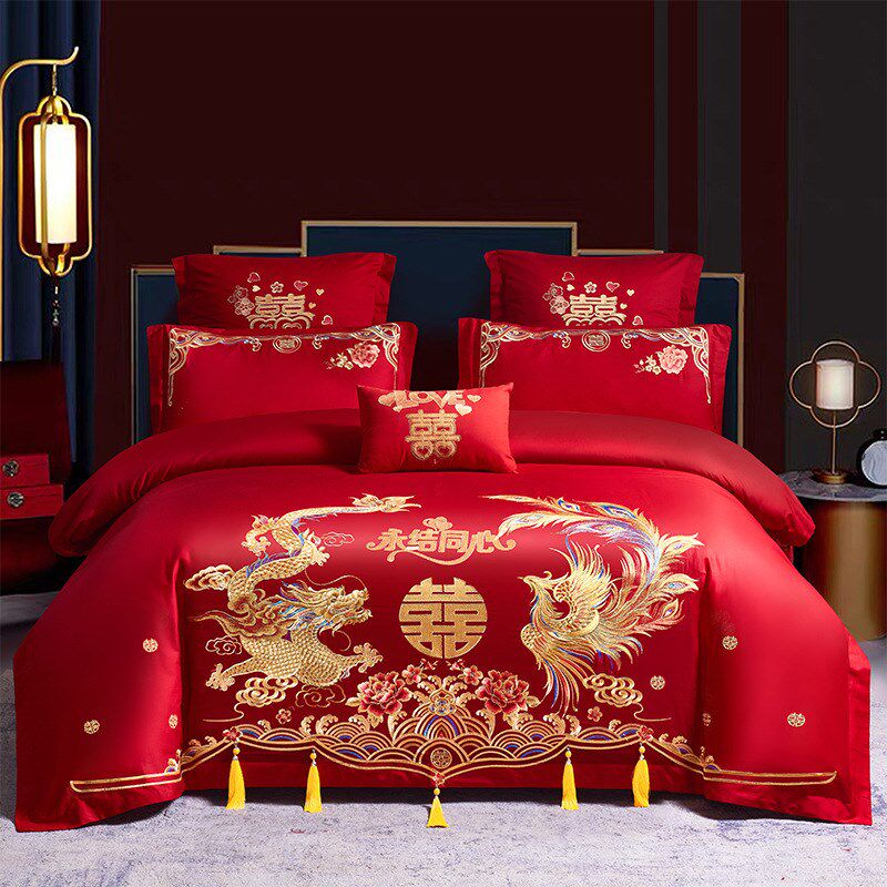 结婚全棉四件套大n红色龙凤刺绣婚庆被子芯陪嫁新婚房上用品