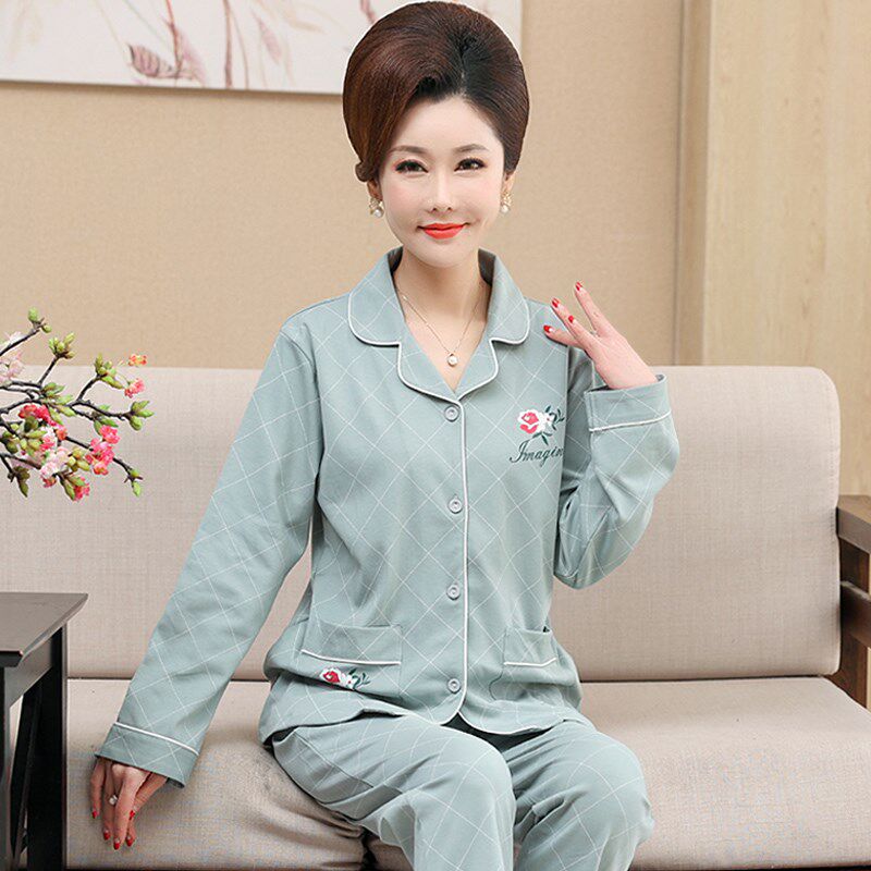 中年妈妈睡衣春秋款纯棉长袖妇女士家居服秋冬季薄款全棉休闲大码
