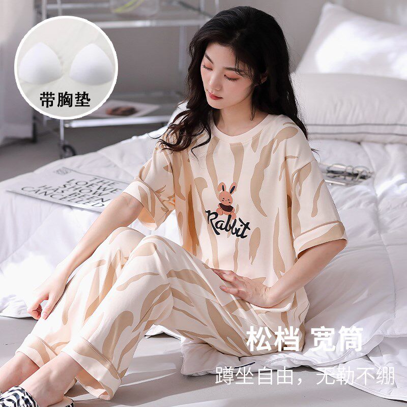 夏季纯棉带胸垫短袖睡衣女长裤薄款全棉夏天圆领家居服套装可外穿