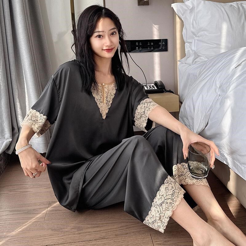 胖MM冰丝睡衣女夏季大码300斤休闲可外穿短袖七分裤两件套家居服