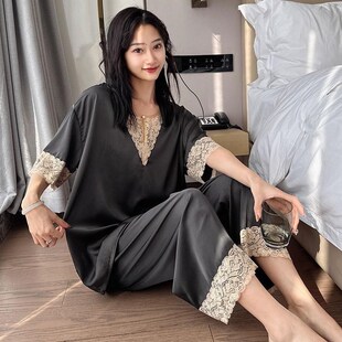 七分裤 300斤休闲可外穿短袖 两件套家居服 大码 胖MM冰丝睡衣女夏季