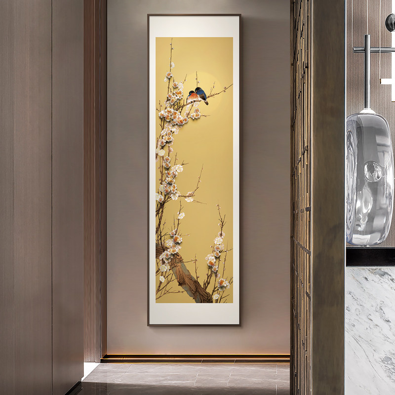 入户玄关装饰画《喜鹊登梅》走廊C样板房客厅立体竖款实物壁画卧