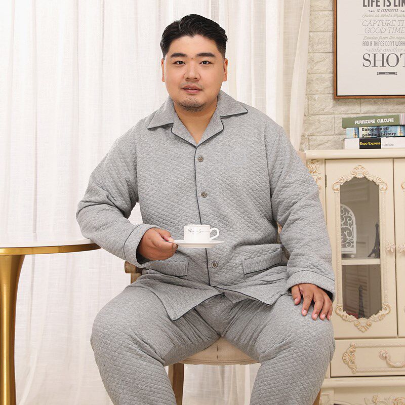 大码200斤睡衣秋冬保暖纯棉男空气棉夹层长袖全棉家居服胖人宽松