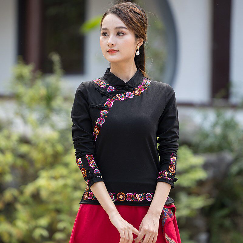 民族风大码打底衫春秋款女装长袖刺绣花纯棉T恤修身中国风上衣
