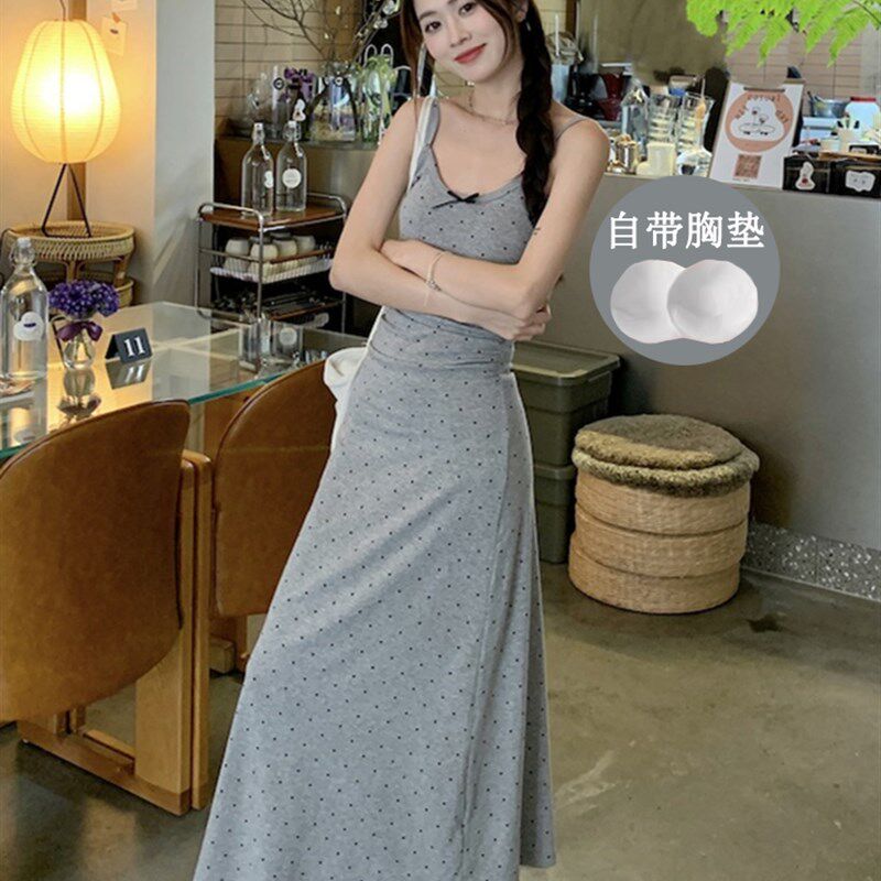 纯棉吊带睡裙女款夏天法式甜美睡衣长裙宽松夏季纯色带胸垫家居服