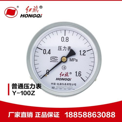厂家直销 红旗仪表 压力表 Y-100Z 1.6级 0-1mpa 轴向不带边