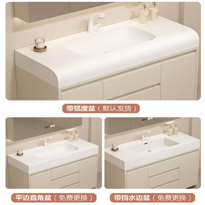 现代简约轻奢奶油风可丽耐一体盆浴室柜洗手脸P盆落地柜组合洗漱