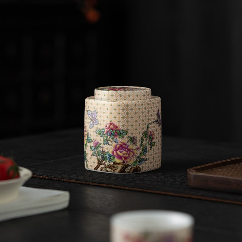 珐琅彩牡丹茶叶罐陶瓷n罐小号便携随身白茶叶包装密封香粉罐定log