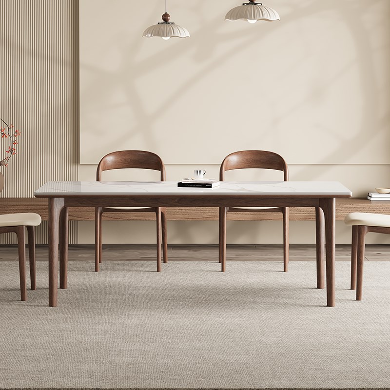 德利丰实木岩f板餐桌全托家用小户型奶油中古风高级感长方形饭桌