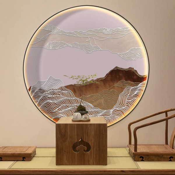 3D立体浮雕画侘寂风现代画芯圆形山水画新中式玄关装饰画客厅壁纸图片