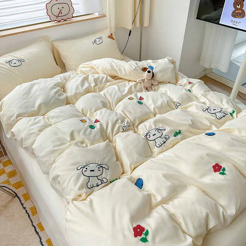 小清新奶油白毛巾l绣水洗棉四件套床单被套单人宿舍三件套一米五