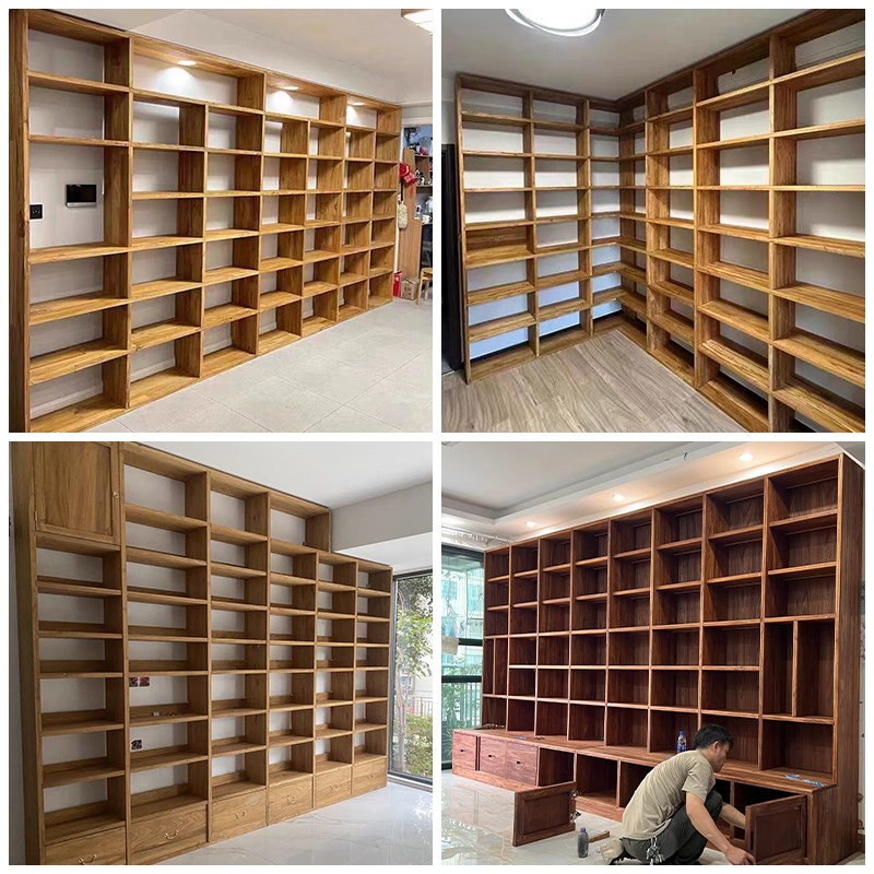 老榆木实木书架落地置物架飘窗转角客厅阅读区书架X一体靠墙简易