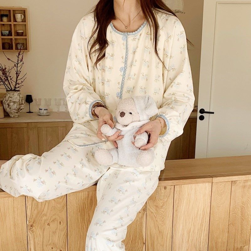 春秋季月子服纯棉产后哺乳喂奶孕妇大码睡衣甜美小碎花家居服套装