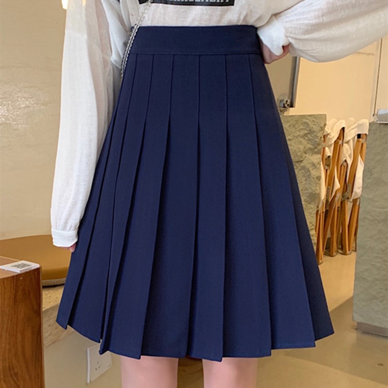 蓝色百褶裙中裙女胖mm高腰显瘦学院风a字短裙子防走光包臀半身裙