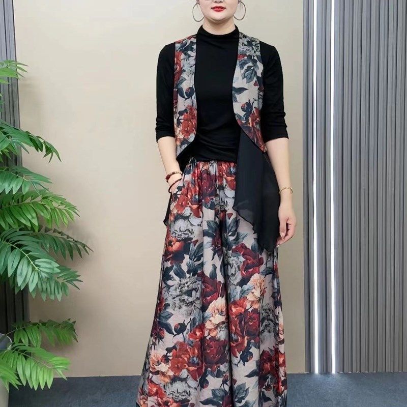 夏季时尚气质爆款不规则马甲印花套装女百搭减龄阔腿裙裤两件套潮