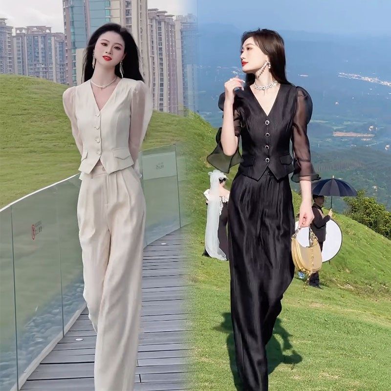 时尚套装女2024夏季新款修身显瘦拼接纱袖西服阔腿裤早秋两件套潮