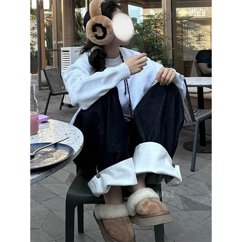 大码复古撞色翻边水洗直筒阔腿牛仔裤女2025夏季新款显瘦拖地裤子