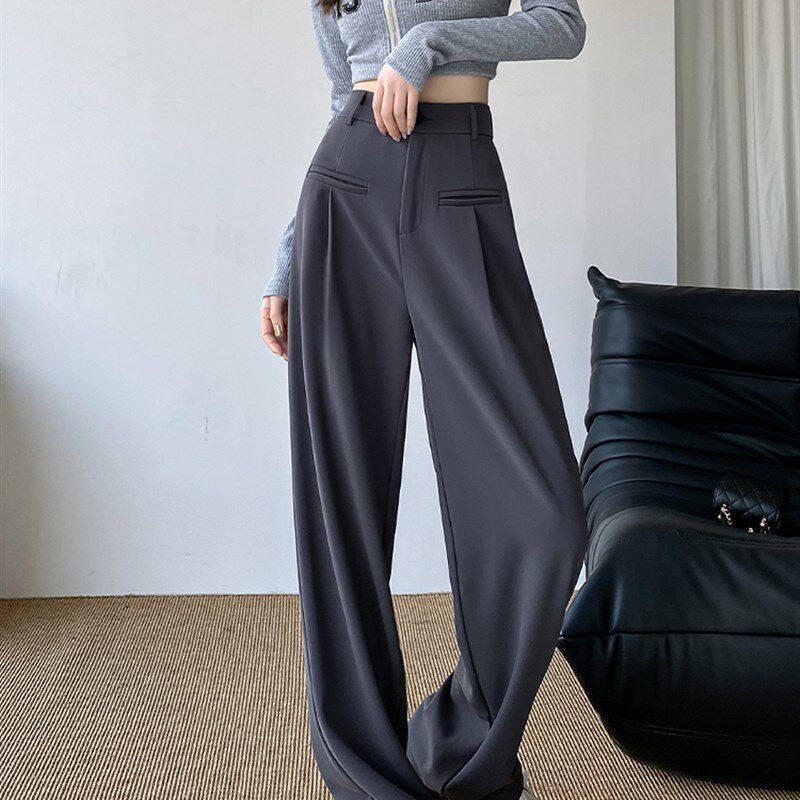 春夏灰色西装裤女高腰垂感阔腿裤黑色宽松休闲直筒加长拖地裤