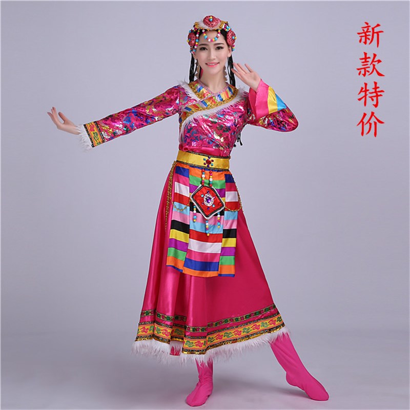 新款藏族舞蹈演出服装女少数民族服装成人西藏表演服水袖修身长裙